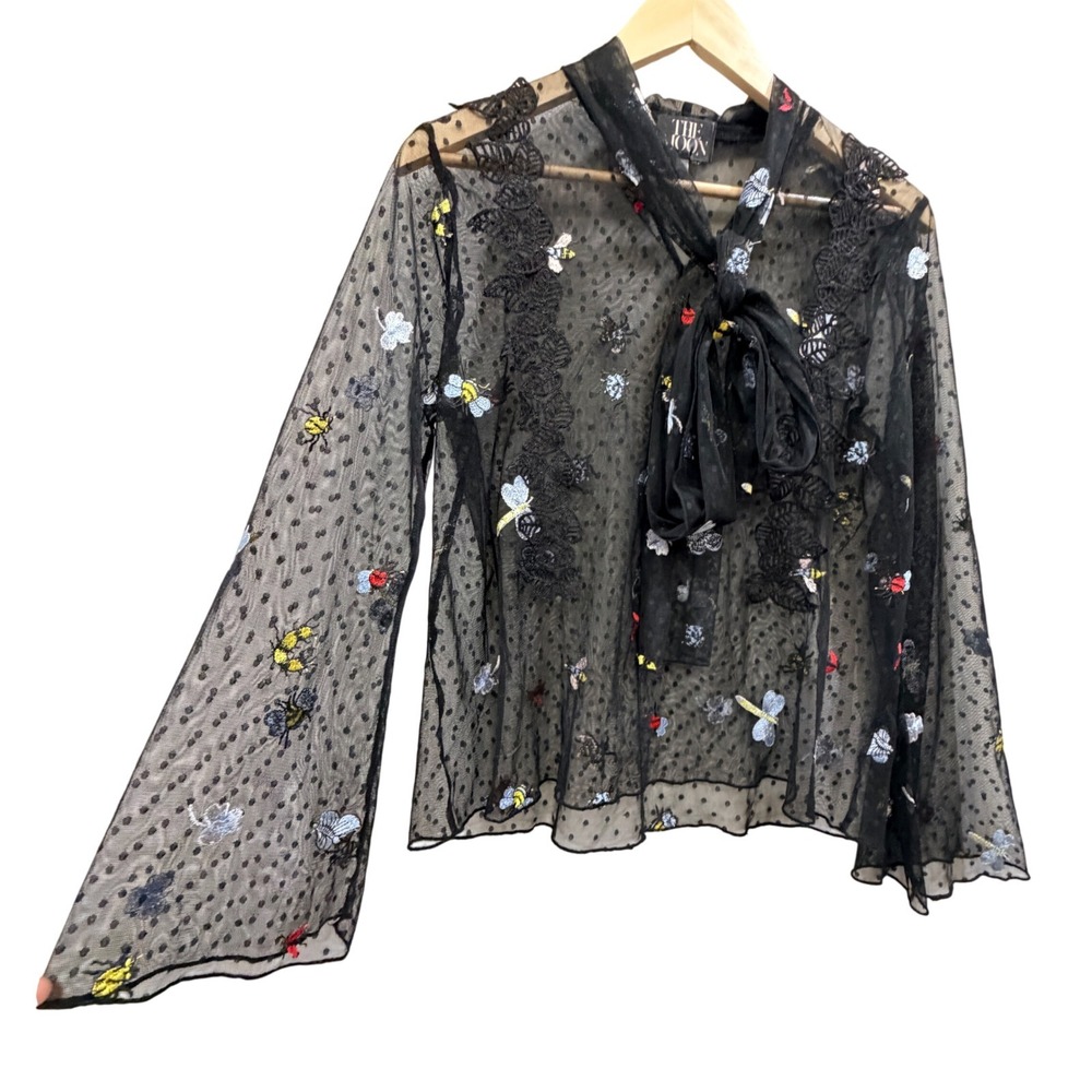 The Moon Women Large Blouse Sheer Mesh Embroidered Bee Butterfly Tie Neck Black